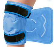 Close-up of gel knee pad on leg showing blue flexible gel pack with black adjustable straps and removable ice pack