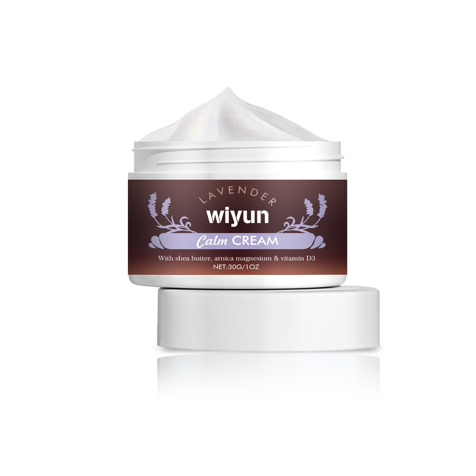 Wiyun Lavender Calm Cream 30G jar with fluffy whipped texture on white background