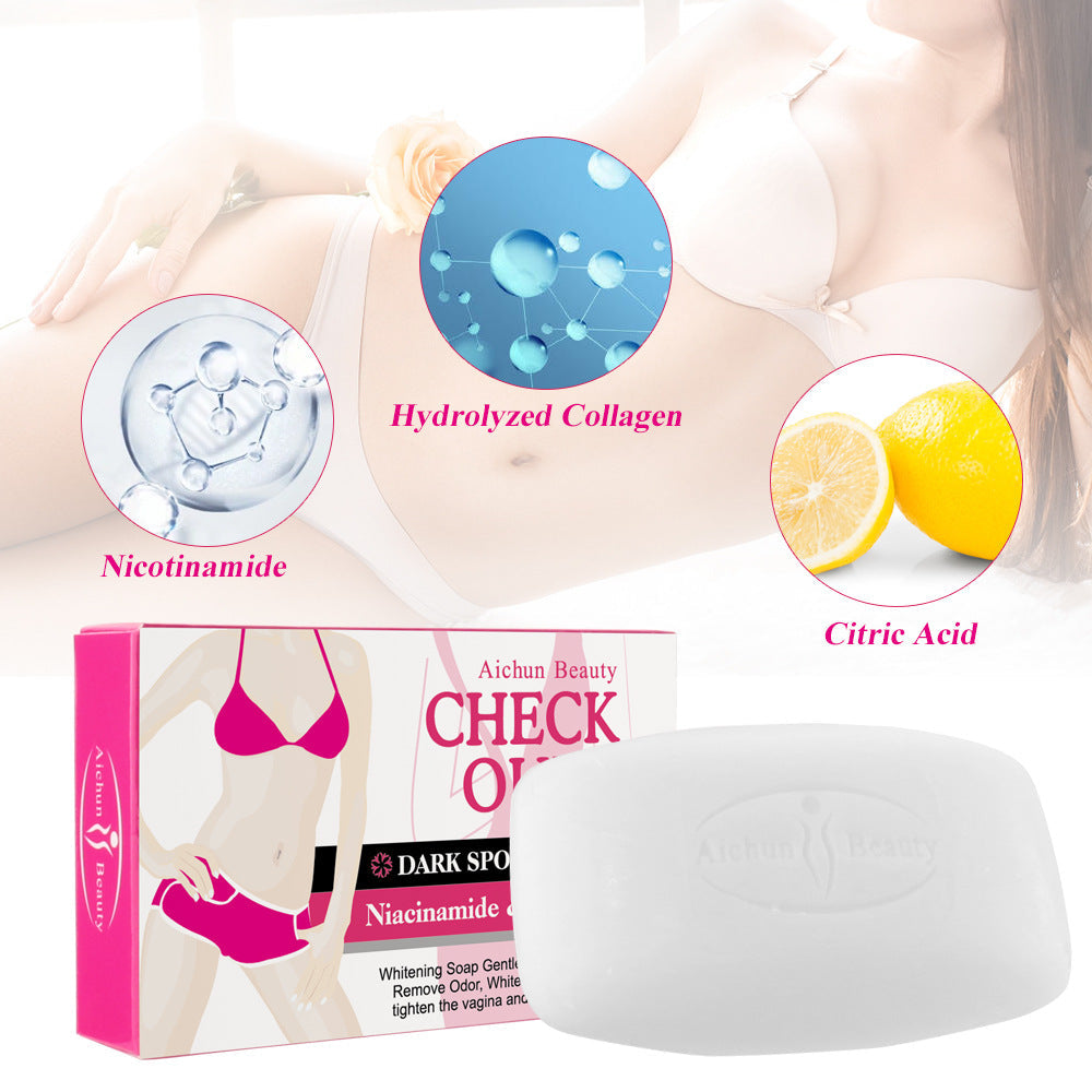 Product packaging with featured ingredients: hydrolyzed collagen, niacinamide, and citric acid displayed with lifestyle imagery of woman showing concern areas