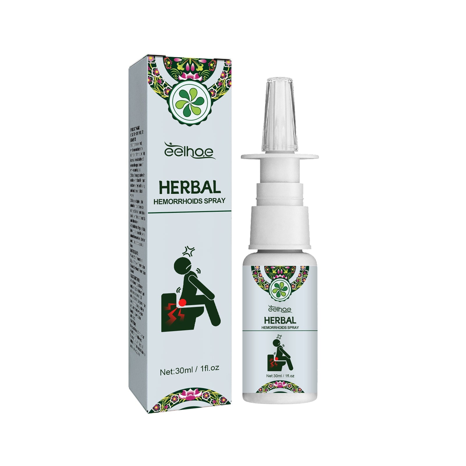 Eelhoe Herbal Hemorrhoids Spray bottle with matching decorative box on white background