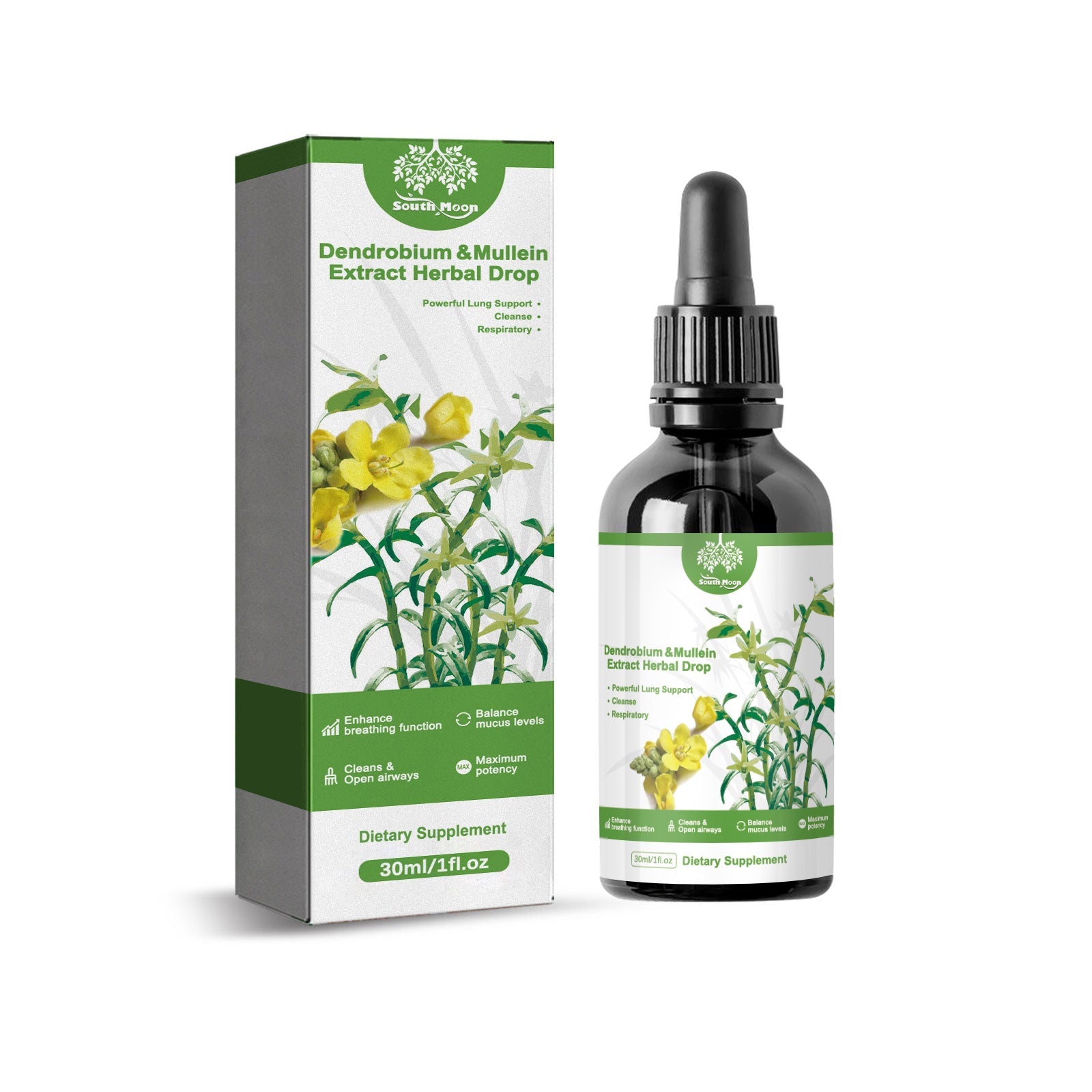 Product packaging and dropper bottle with yellow Dendrobium flowers on white and green label box