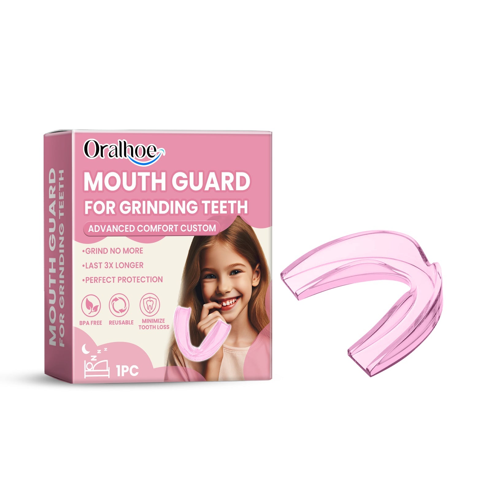 Pink mouth guard product displayed with packaging box showing product name, benefits, and child model wearing guard