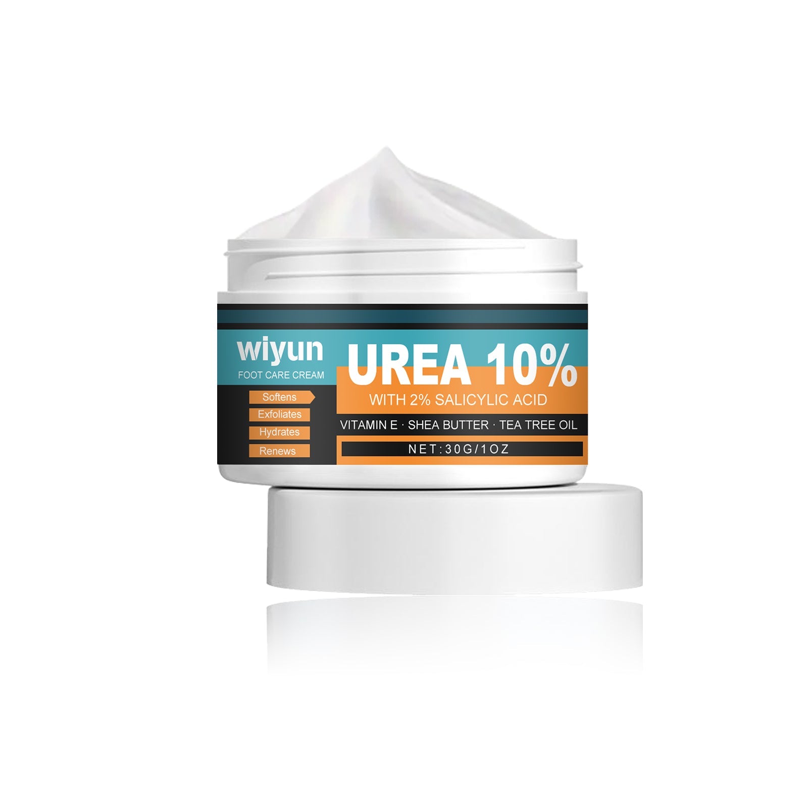 White jar with teal and orange label showing Wiyun Urea 10% Foot Care Cream formula details against white background
