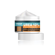 White jar with teal and orange label showing Wiyun Urea 10% Foot Care Cream formula details against white background