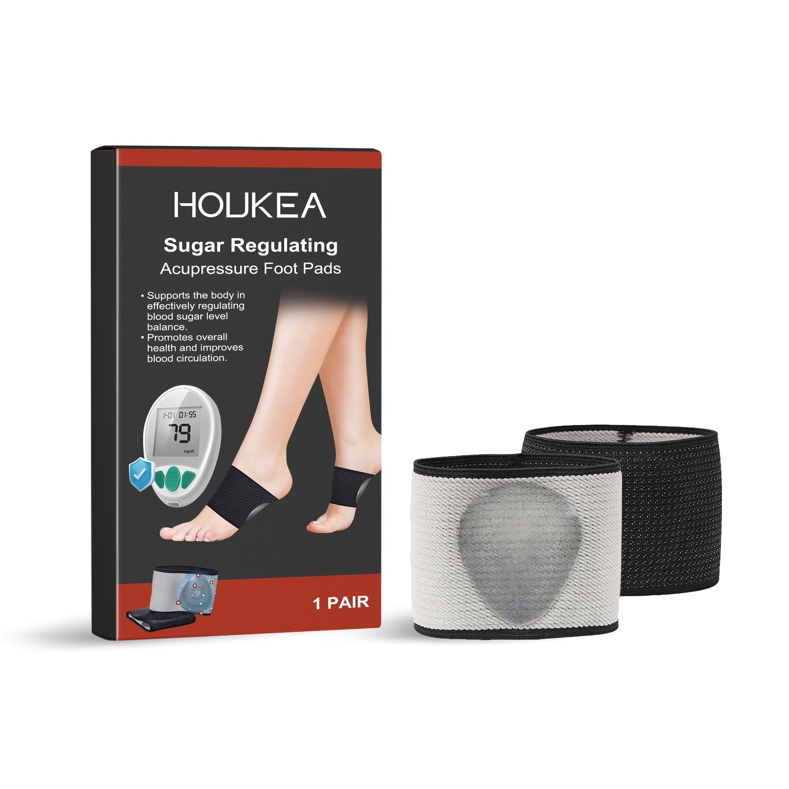 Product packaging and foot pads displayed showing full 1-pair package with glucose monitor imagery and health benefits highlighted