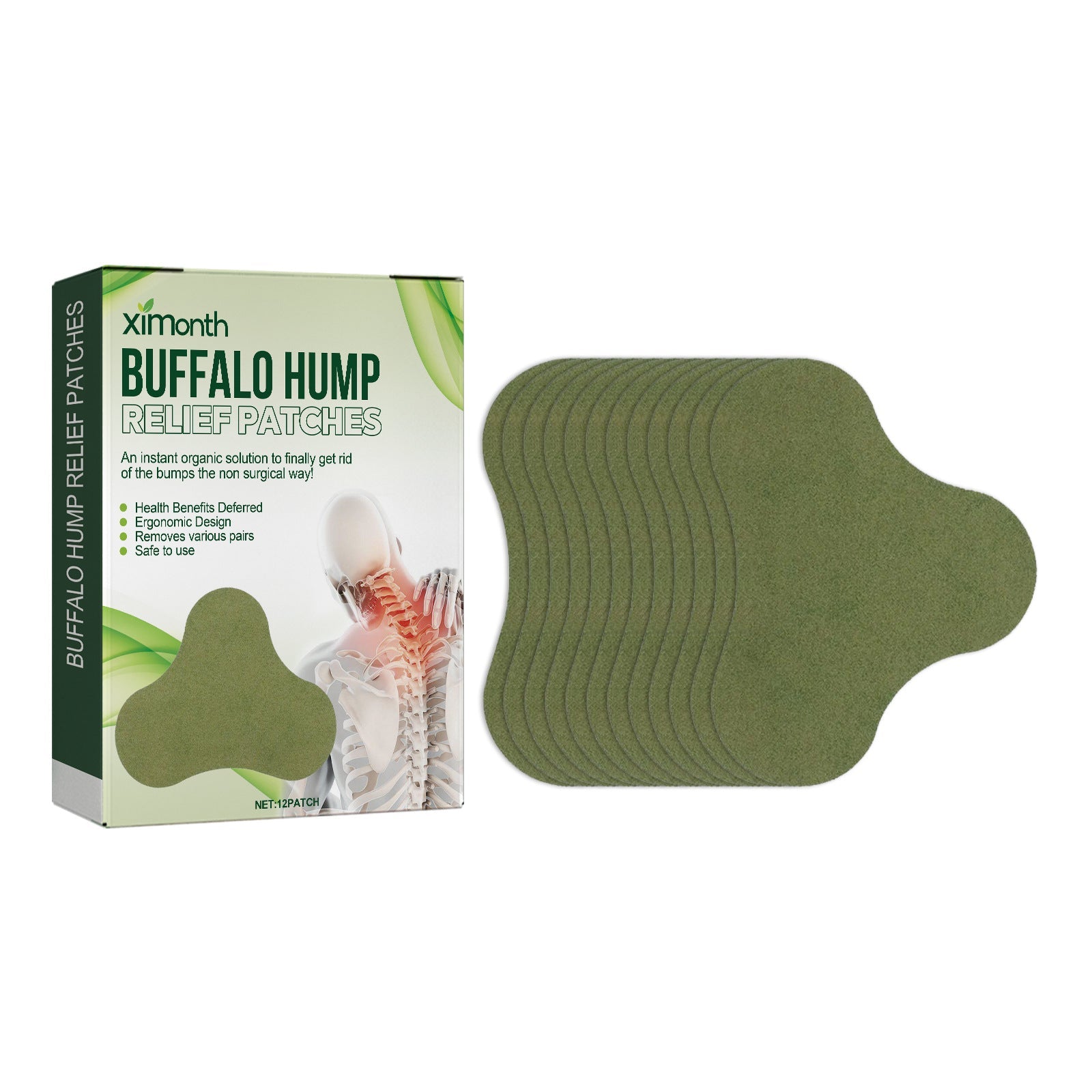 Ximonth Buffalo Hump Relief Patches product box and single patch display against white background
