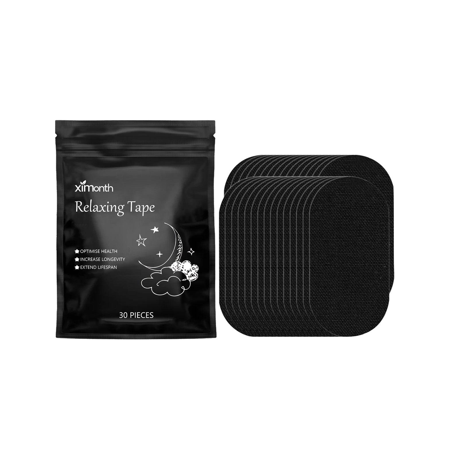 Product packaging and tape strips displayed side-by-side showing black pouch with moon logo and 30 individual elastic fabric strips fanned out