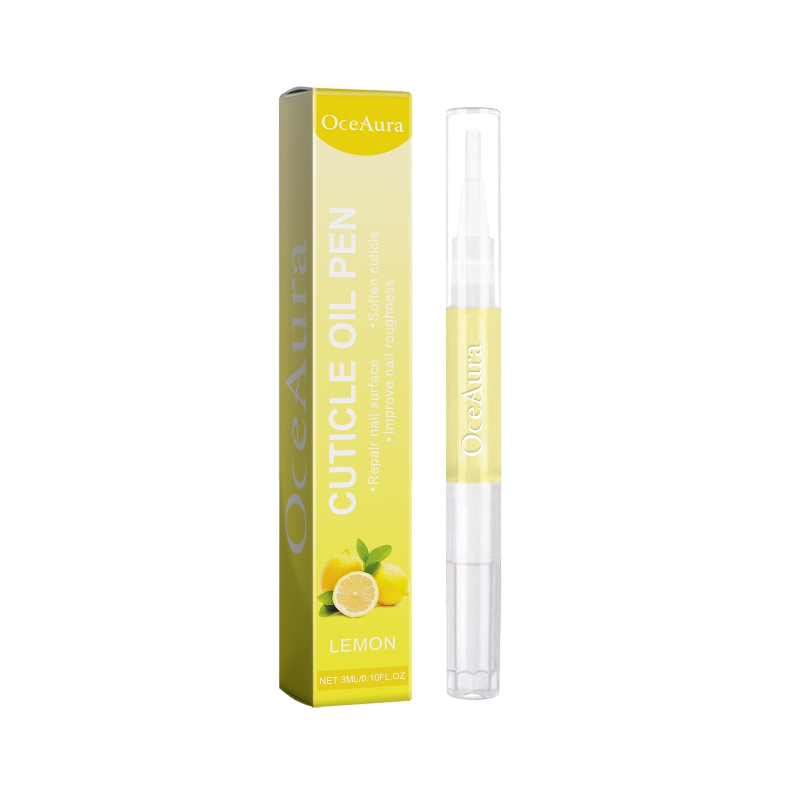OceAura Cuticle Oil Pen with packaging box and applicator displayed side-by-side