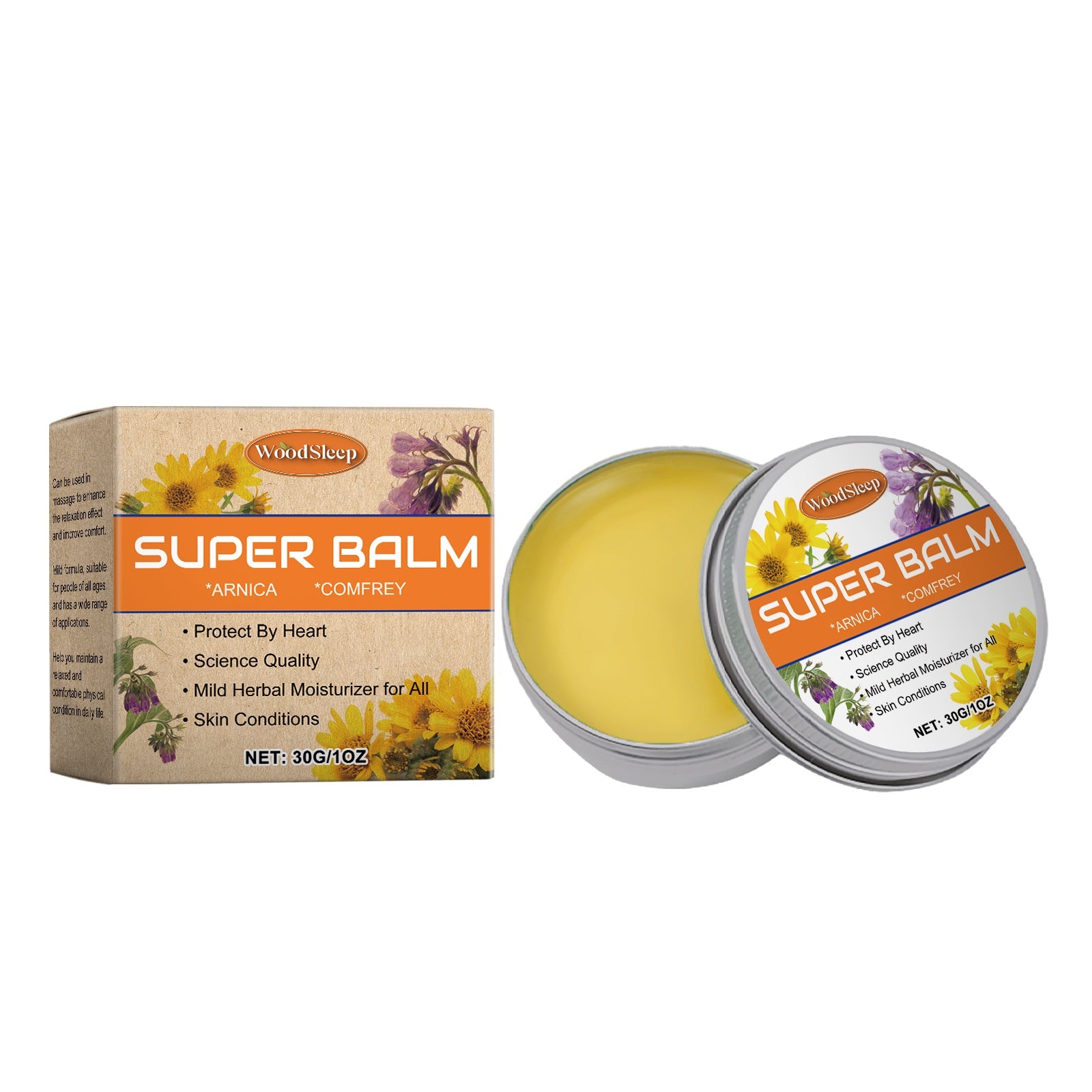 Product packaging box and tin container showing WoodSleep Super Balm with arnica and comfrey flowers
