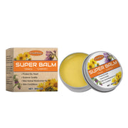 Product packaging box and tin container showing WoodSleep Super Balm with arnica and comfrey flowers