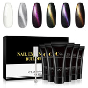 Six nail color swatches displaying white, silver shimmer, magenta aurora, golden amber, emerald mystique, and twilight purple polygon finishes