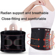 Woman wearing white tank top with black self-heating waist brace showing compression arrows and support technology