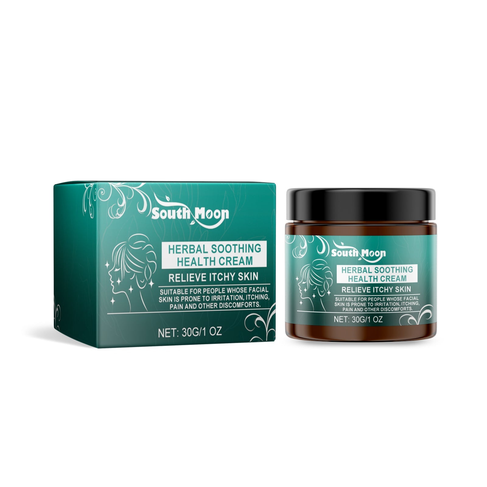 Product shot showing South Moon Herbal Soothing Health Cream in amber glass jar with black lid alongside teal packaging box with ornamental design