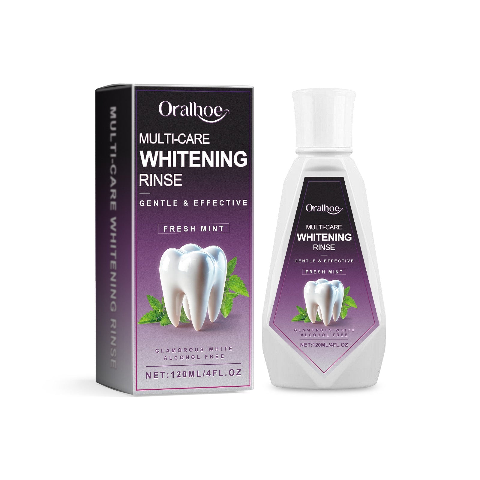 Product packaging and bottle displayed side-by-side showing purple and white design with fresh mint imagery and bright tooth icon