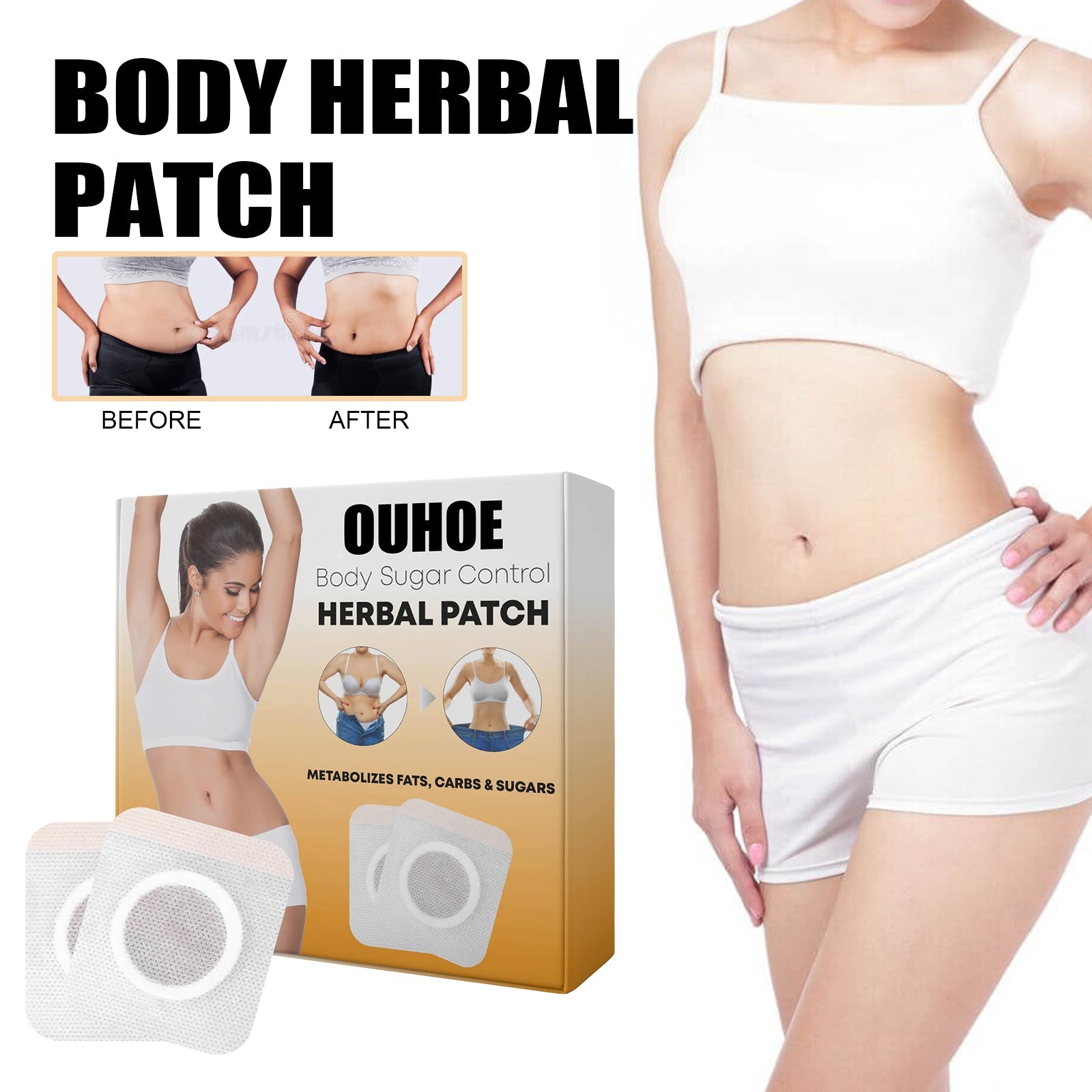 OUHOE Body Sugar Control Herbal Patch product display with packaging, patches, and lifestyle model