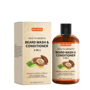 East Moon 2-in-1 Beard Wash & Conditioner product with cream box and amber glass bottle with black pump