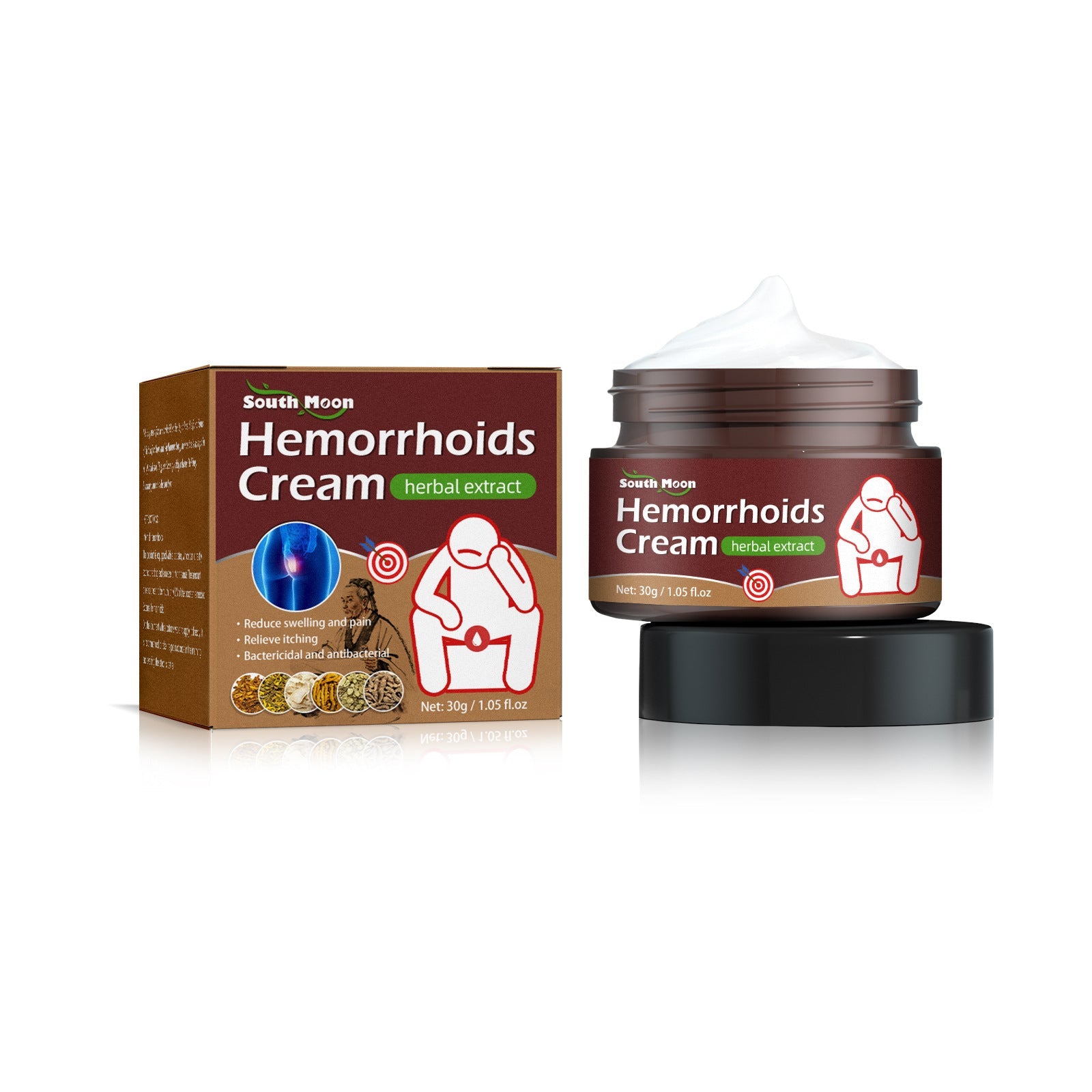 South Moon Hemorrhoids Cream product shot with packaging box and open jar showing white cream texture