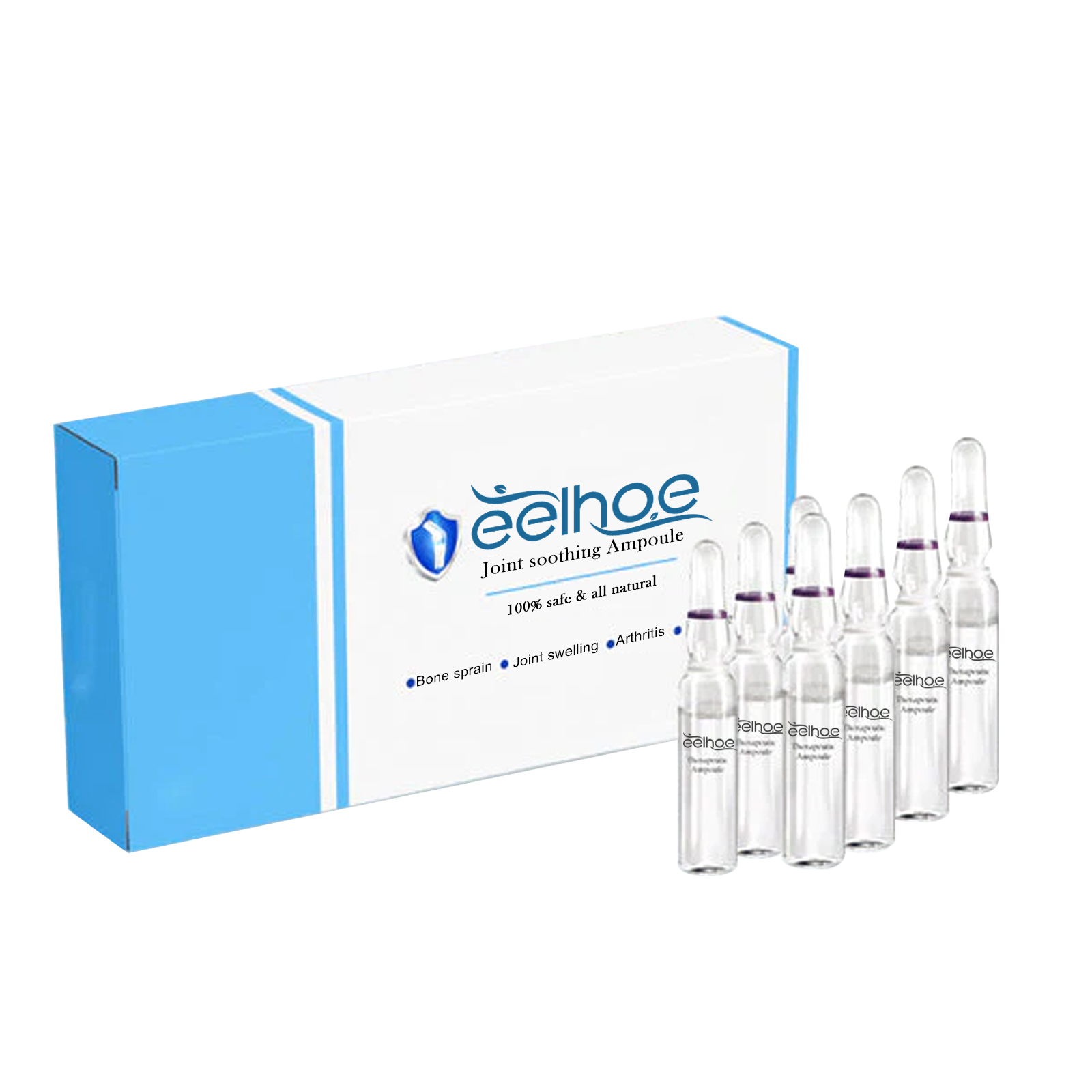 EELHOE Joint Soothing Ampoules product display with blue packaging box and multiple sealed glass vials with purple stoppers