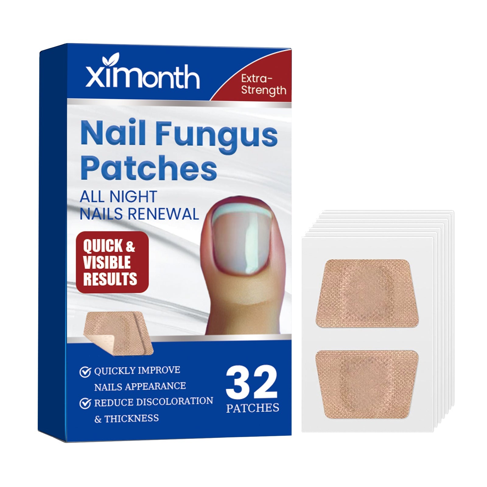 Ximonth Nail Fungus Patches box with product patches displayed, showing healthy nail transformation on packaging