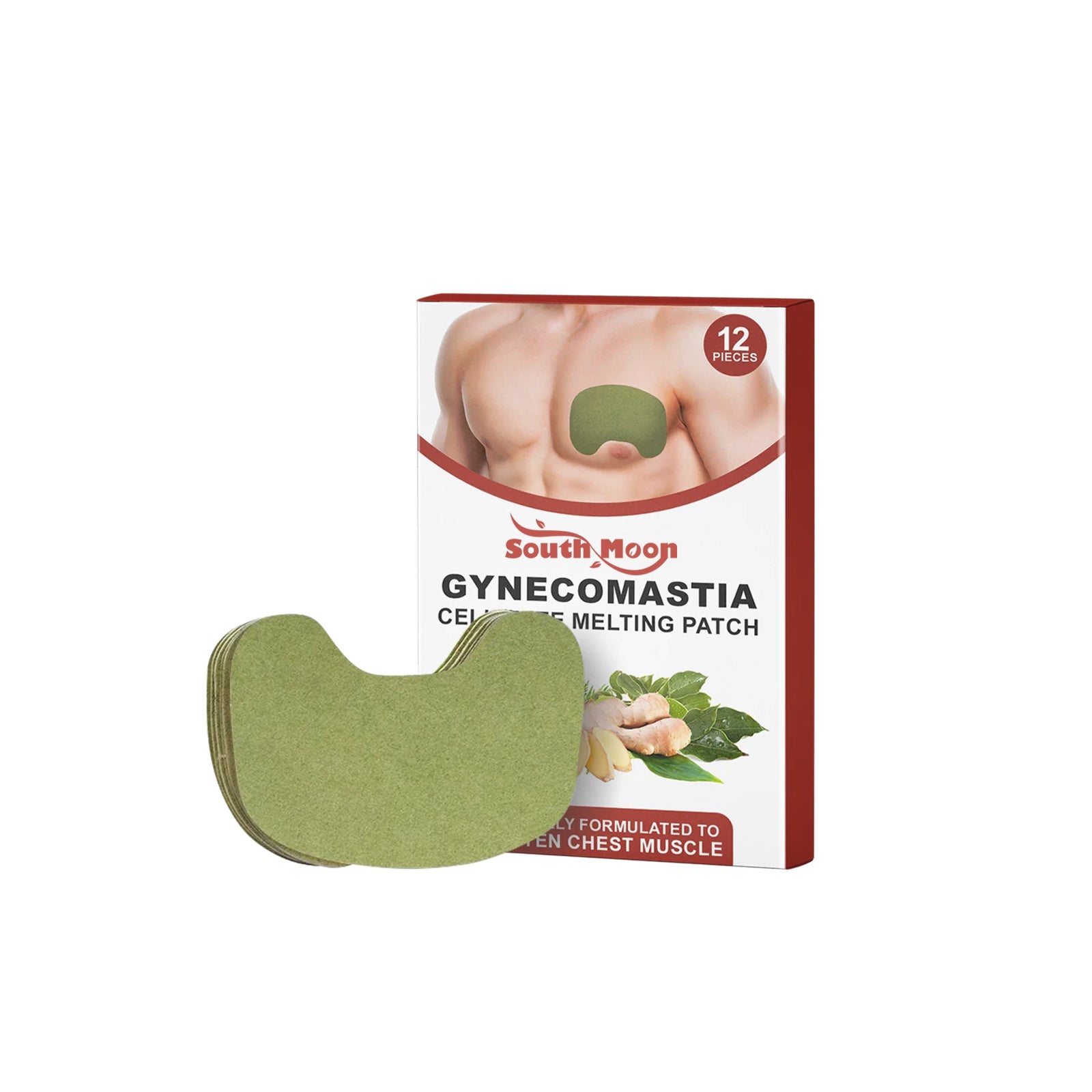 Product packaging and individual patch displayed against white background showing South Moon brand Gynecomastia Cellulite Melting Patch in sage green with 12 pieces badge