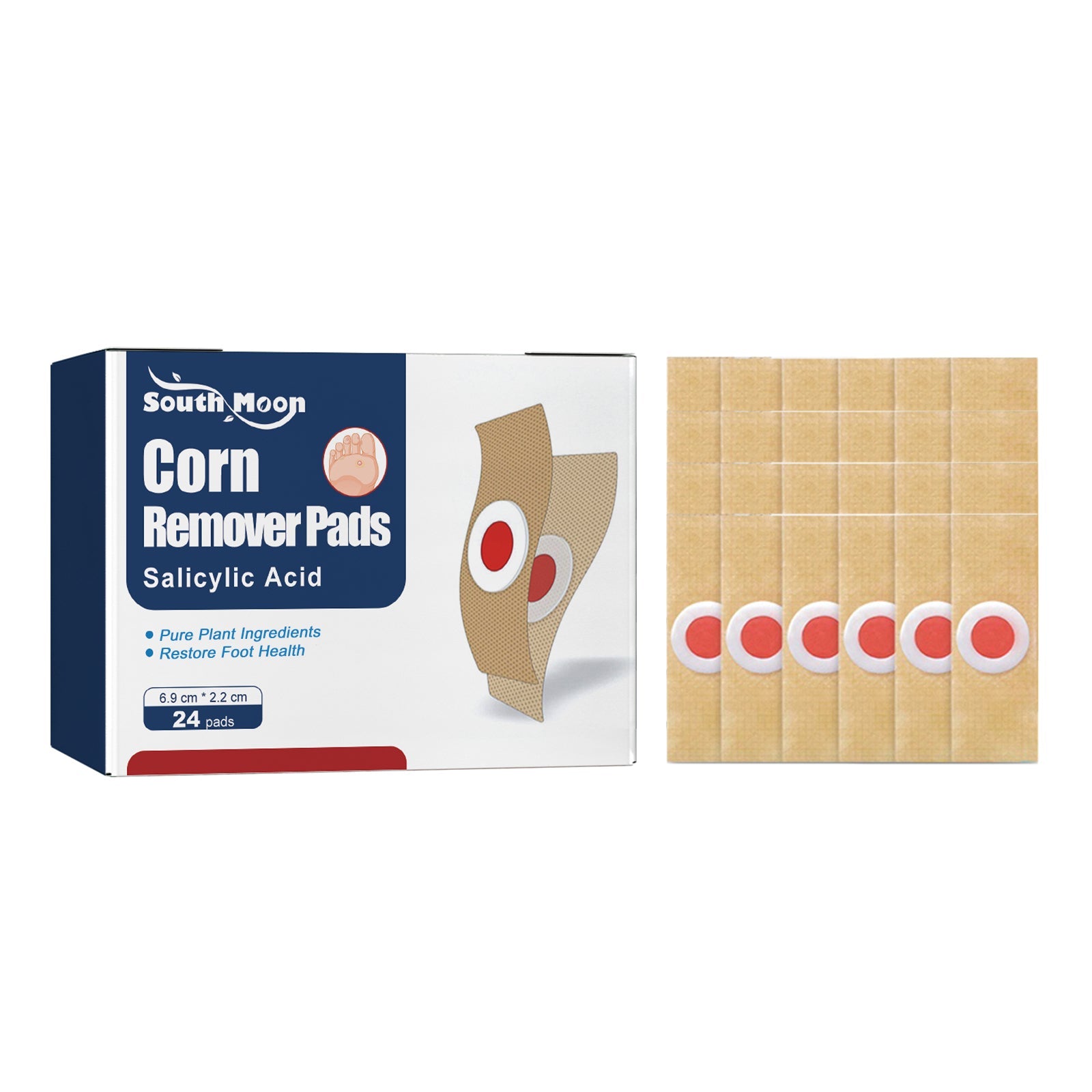South Moon Corn Remover Pads box with navy branding, product visualization, and 24-pad count