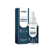 Product packaging and bottle display showing Googeer Liquid Ocean Minerals 60ml dropper bottle with navy geometric patterned carton