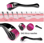 Derma roller with vibrant magenta needle cartridge, alongside technical diagram showing 7 needle length options from 0.25mm to 3.5mm with visual penetration depth