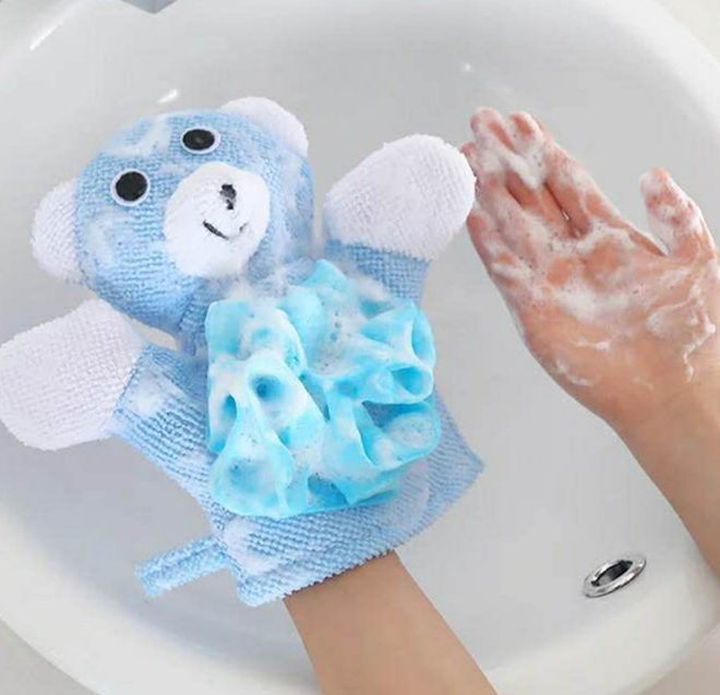 Blue bear animal bath mitt glove laid flat showing full front design with loofah puff
