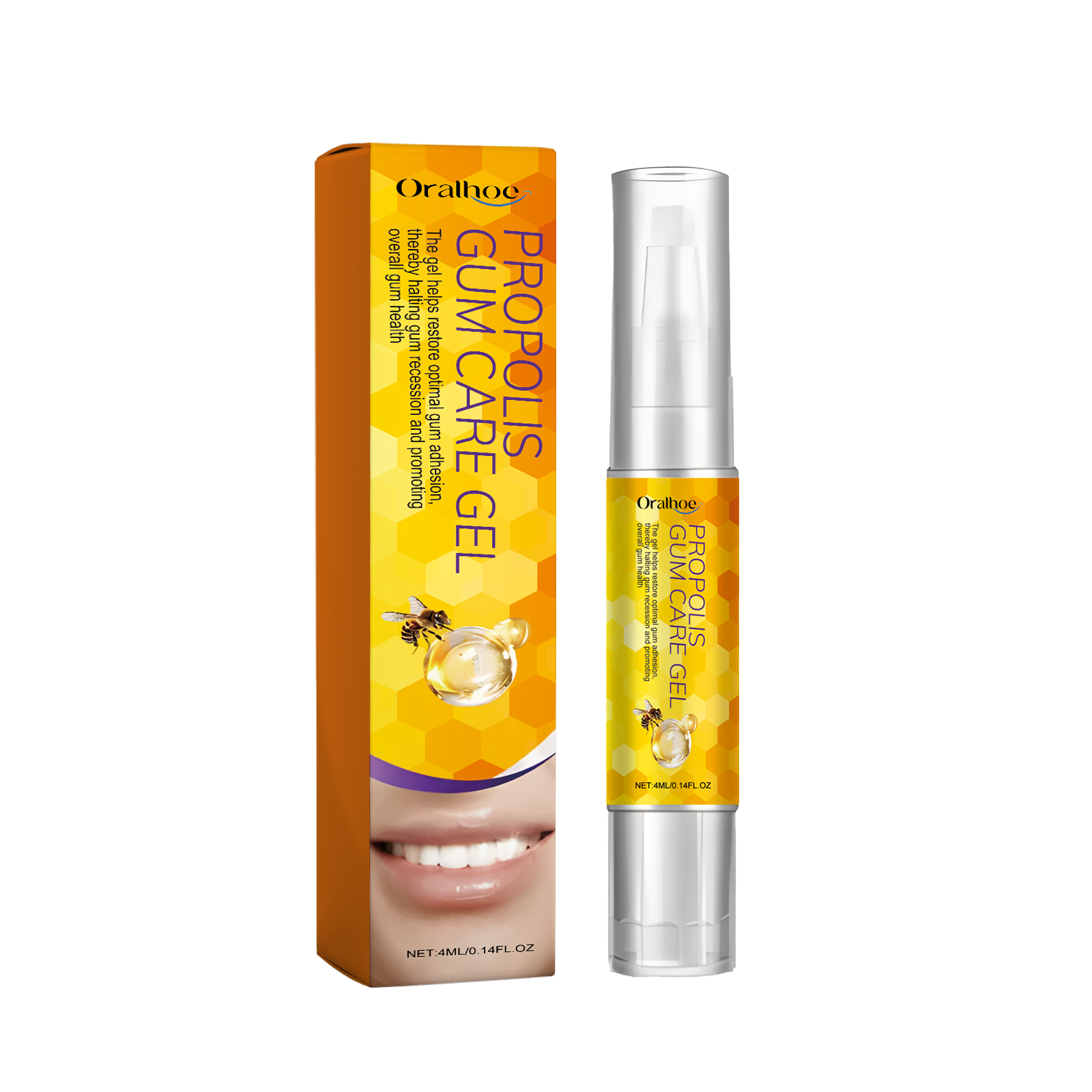 Oralhoe Propolis Gum Care Gel with packaging showing bee, honeycomb, and product benefits