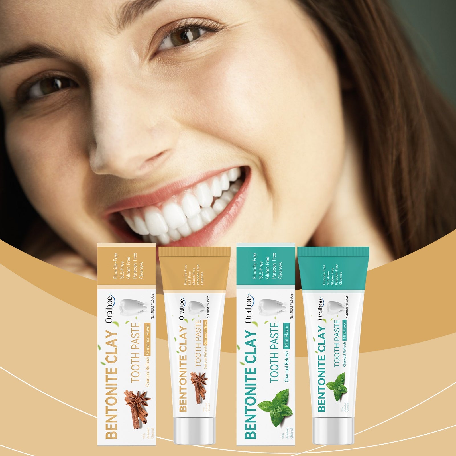 Product lineup showing four toothpaste tubes in golden beige and teal variants with both displayed against angled background