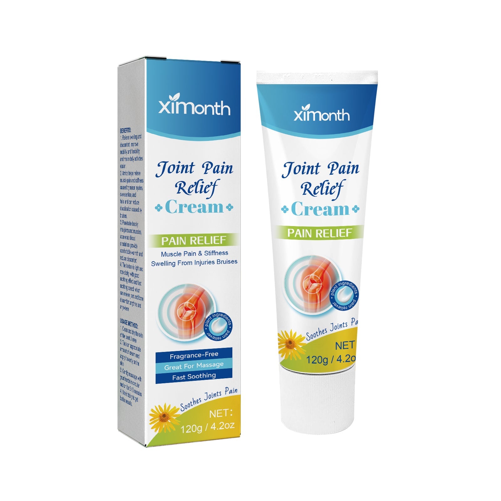 Ximonth Joint Pain Relief Cream product shot showing cardboard box and white tube with blue branding