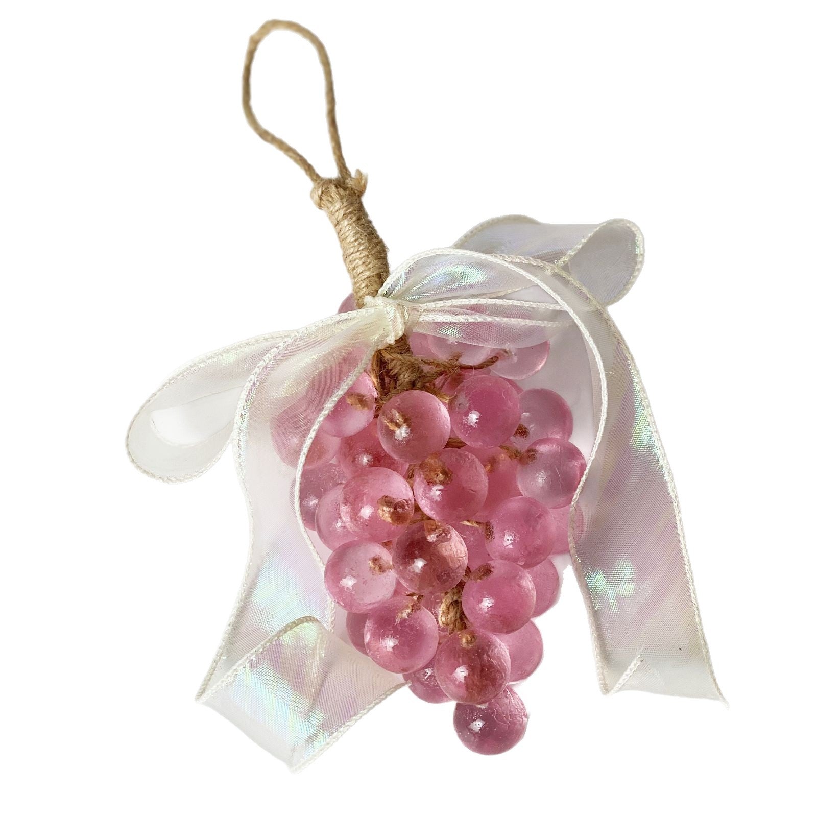 Single transparent pink crystal grape ornament with organza ribbon bow and jute hanging loop on white background
