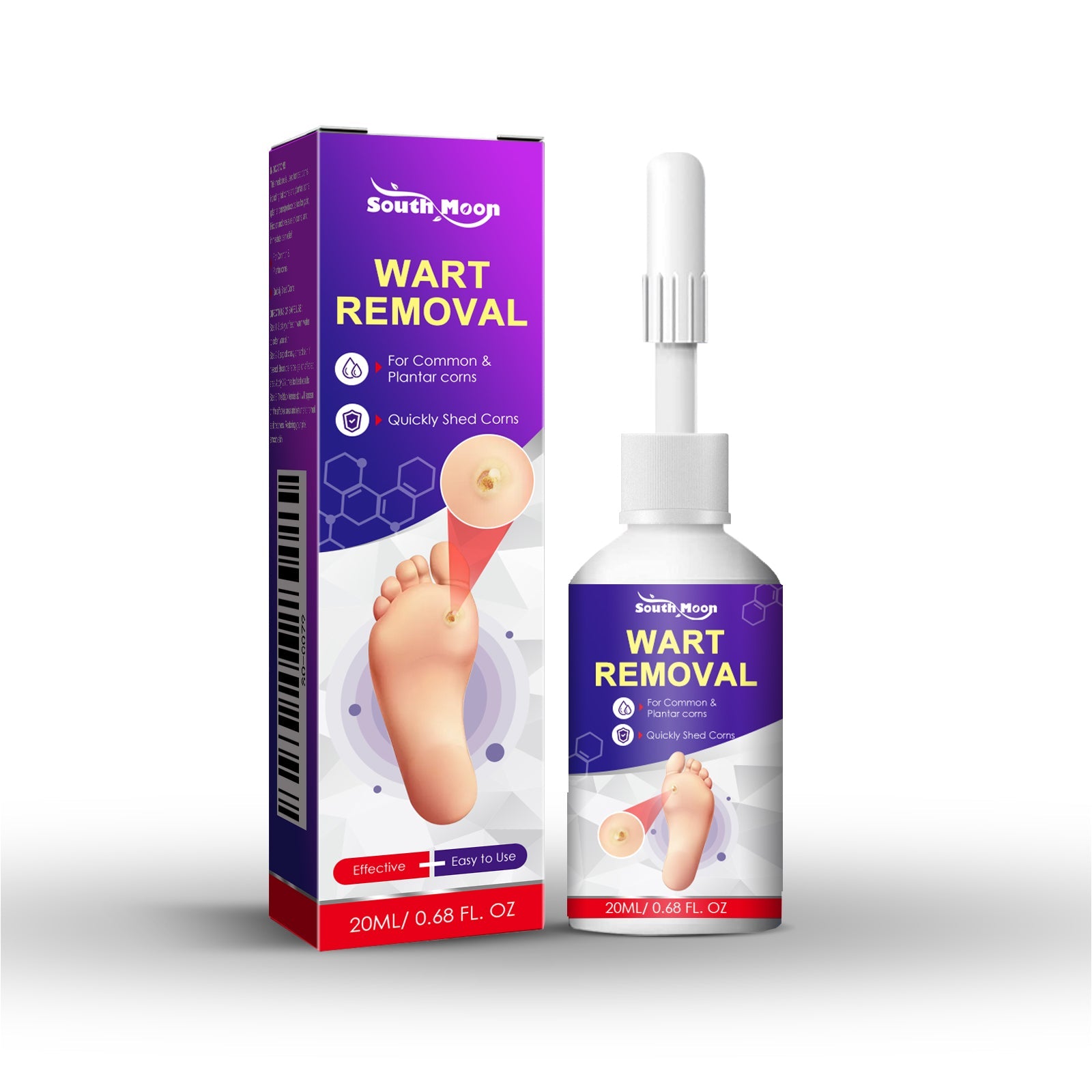 South Moon Wart Removal product display with purple box and white glass bottle, showing full packaging with applicator brush