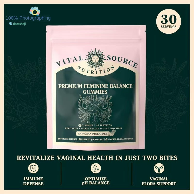 Single pouch of Vital Source Nutrition Premium Feminine Balance Gummies against dark teal background with botanical motifs