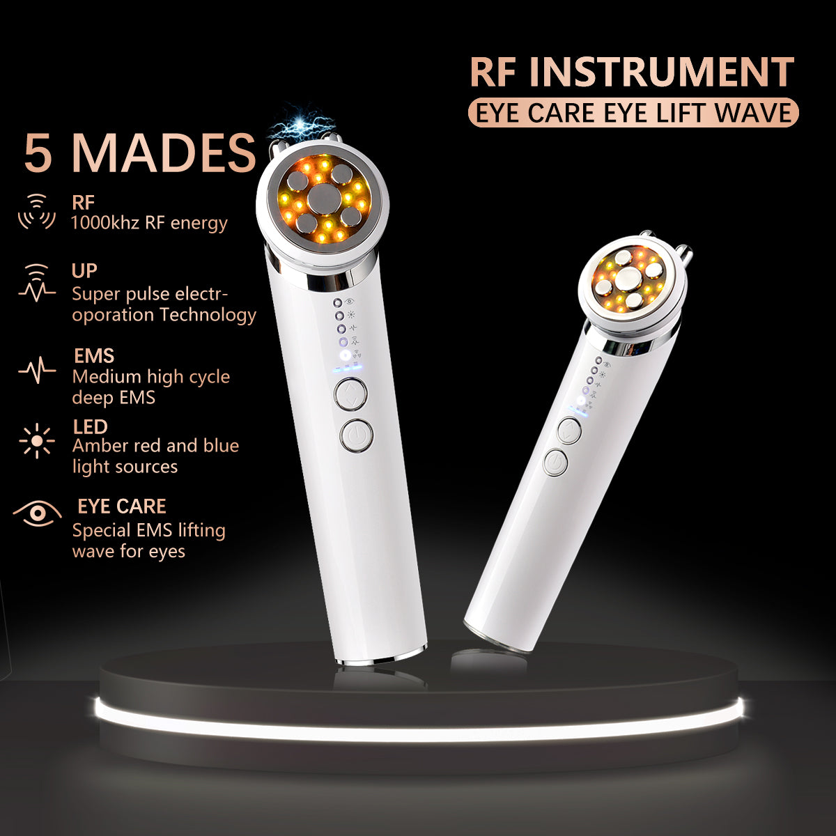 Two white RF devices displayed on illuminated platform showing 5 modes infographic with RF, EMS, LED technology labels and eye care specialty