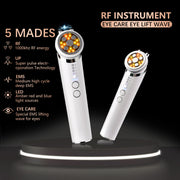 Two white RF devices displayed on illuminated platform showing 5 modes infographic with RF, EMS, LED technology labels and eye care specialty