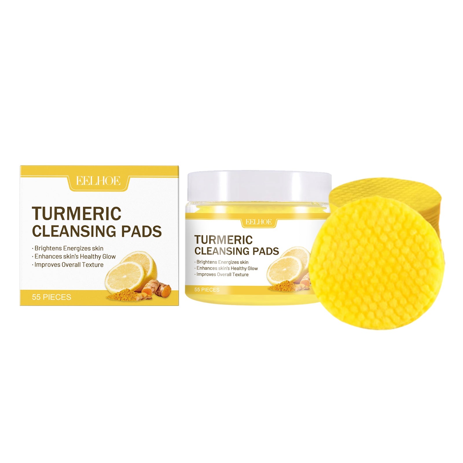 Product lineup showing packaging box, jar, and individual yellow cleansing pads against white background