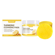 Product lineup showing packaging box, jar, and individual yellow cleansing pads against white background