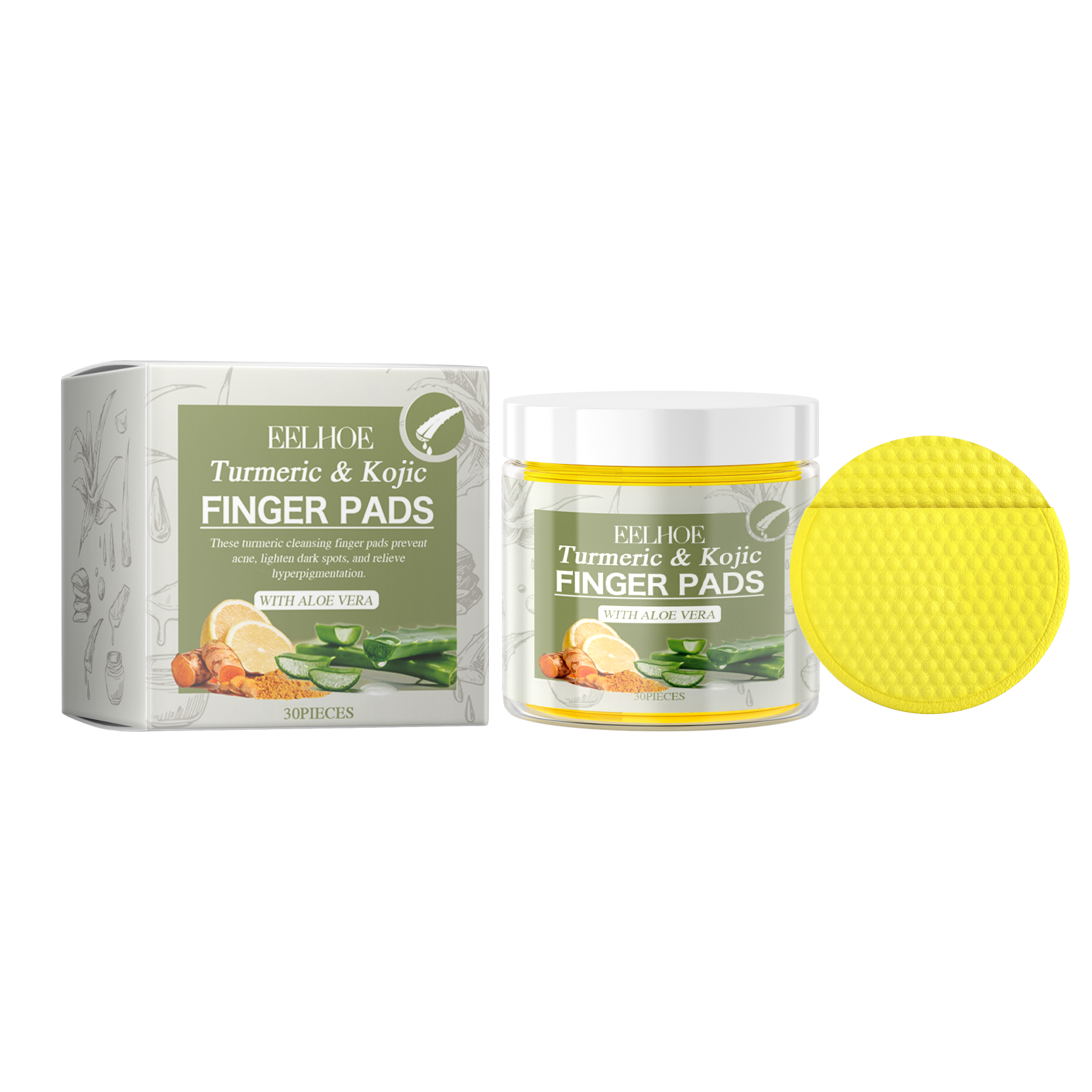 Product flat lay showing EELHOE Turmeric & Kojic Finger Pads box, glass jar with white lid, and bright yellow textured finger pad