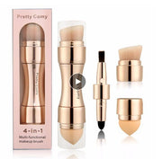 Complete 4-in-1 Pretty Comy makeup brush system displayed with packaging and all four interchangeable brush heads