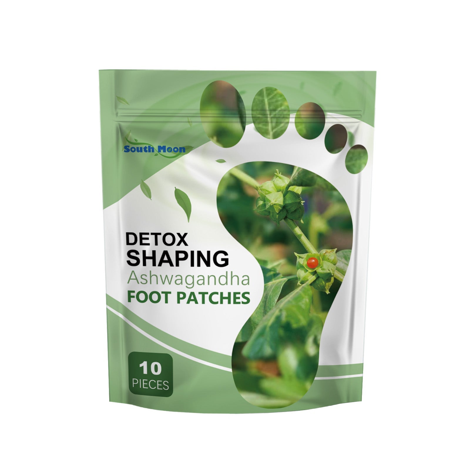 South Moon Detox Shaping Ashwagandha Foot Patches 10-piece package with green and white design featuring botanical imagery