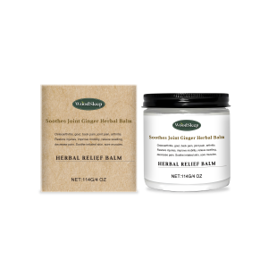 Hands applying cream to knee joint with gentle care messaging and herbal ingredients displayed
