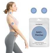 Fit woman in purple sports bra and gray leggings wearing blue NAD+ patches on neck and arm, shown in profile demonstrating placement and product integration with active lifestyle