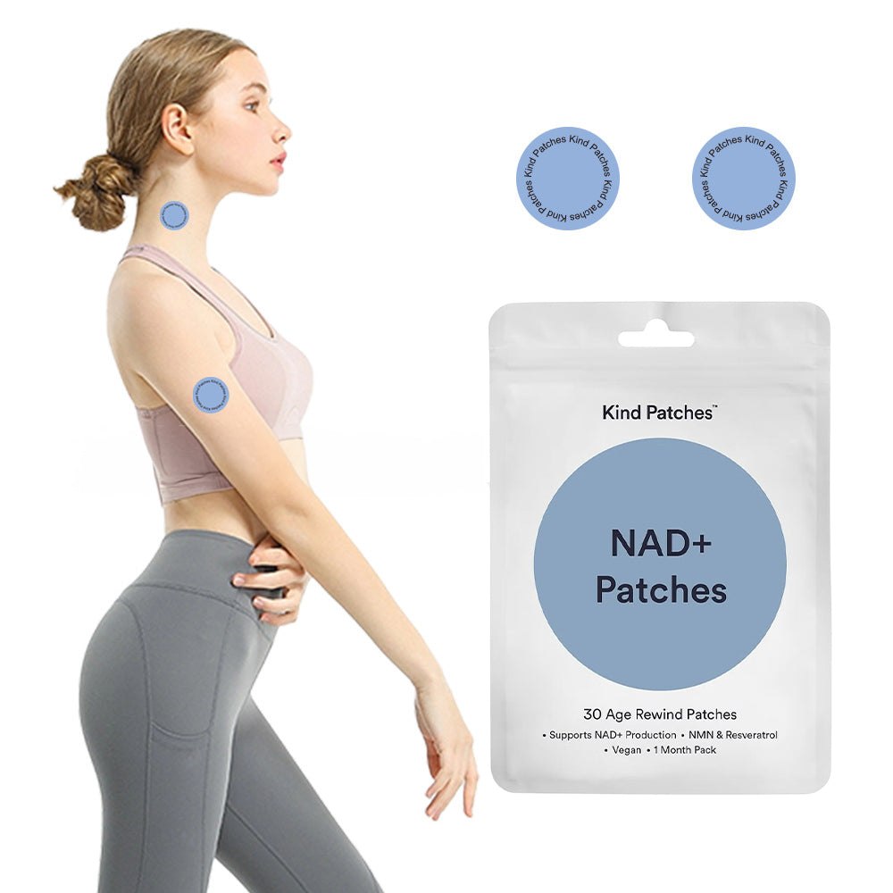 Fit woman in purple sports bra and gray leggings wearing blue NAD+ patches on neck and arm, shown in profile demonstrating placement and product integration with active lifestyle