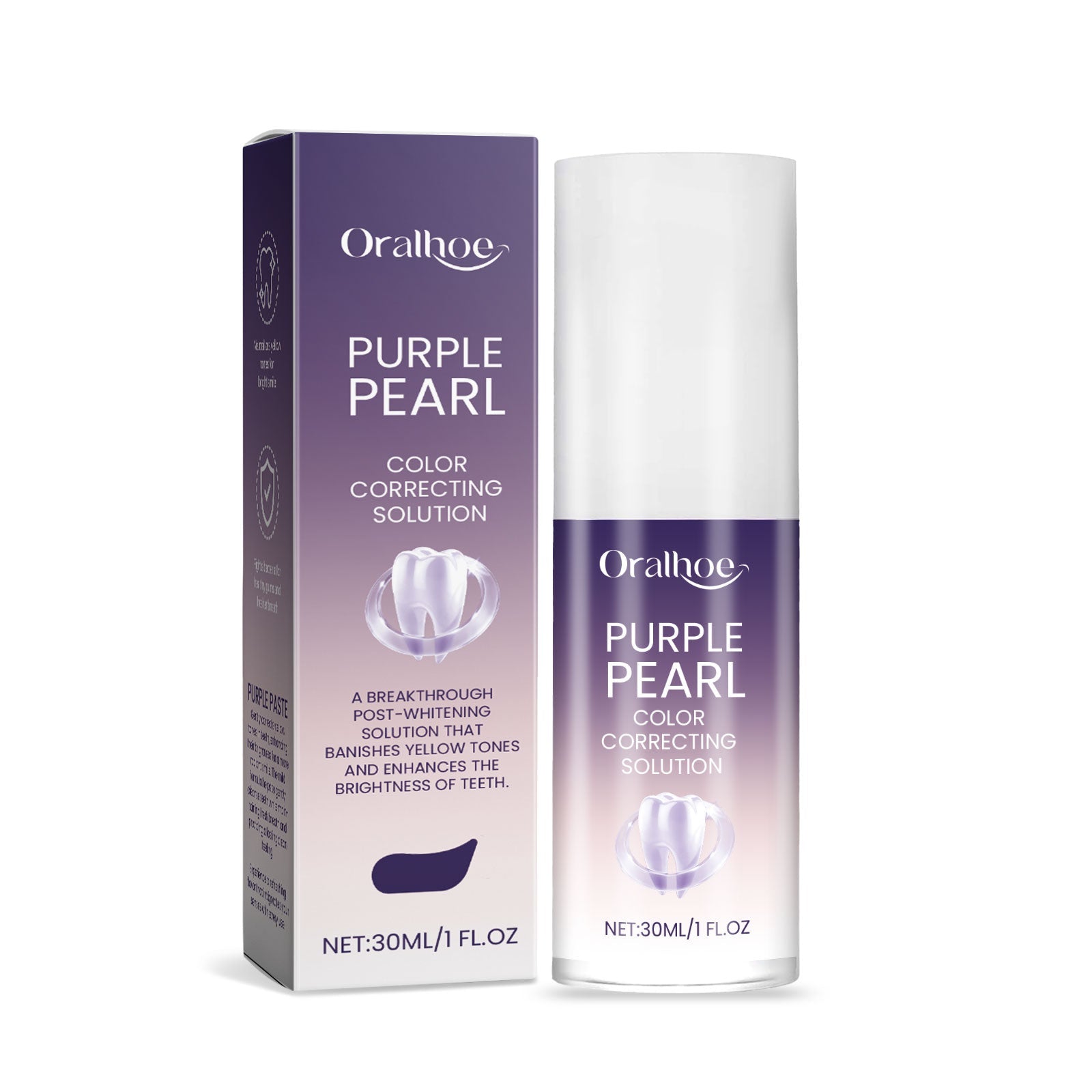 Oralhoe Purple Pearl Color Correcting Solution packaging with box and pump bottle