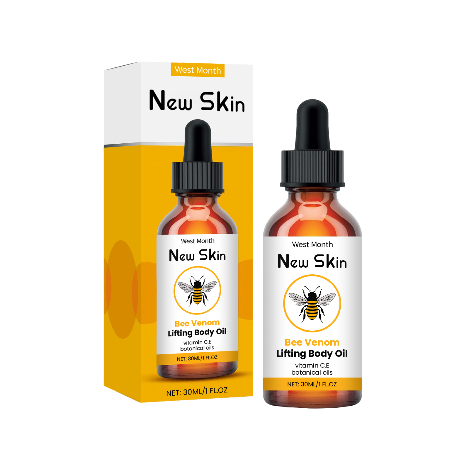 West Month Bee Venom Lifting Body Oil 30ml with product packaging box and standalone bottle