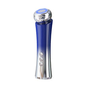 Sapphire blue and metallic silver microcurrent device with crystal faceted head and three control buttons