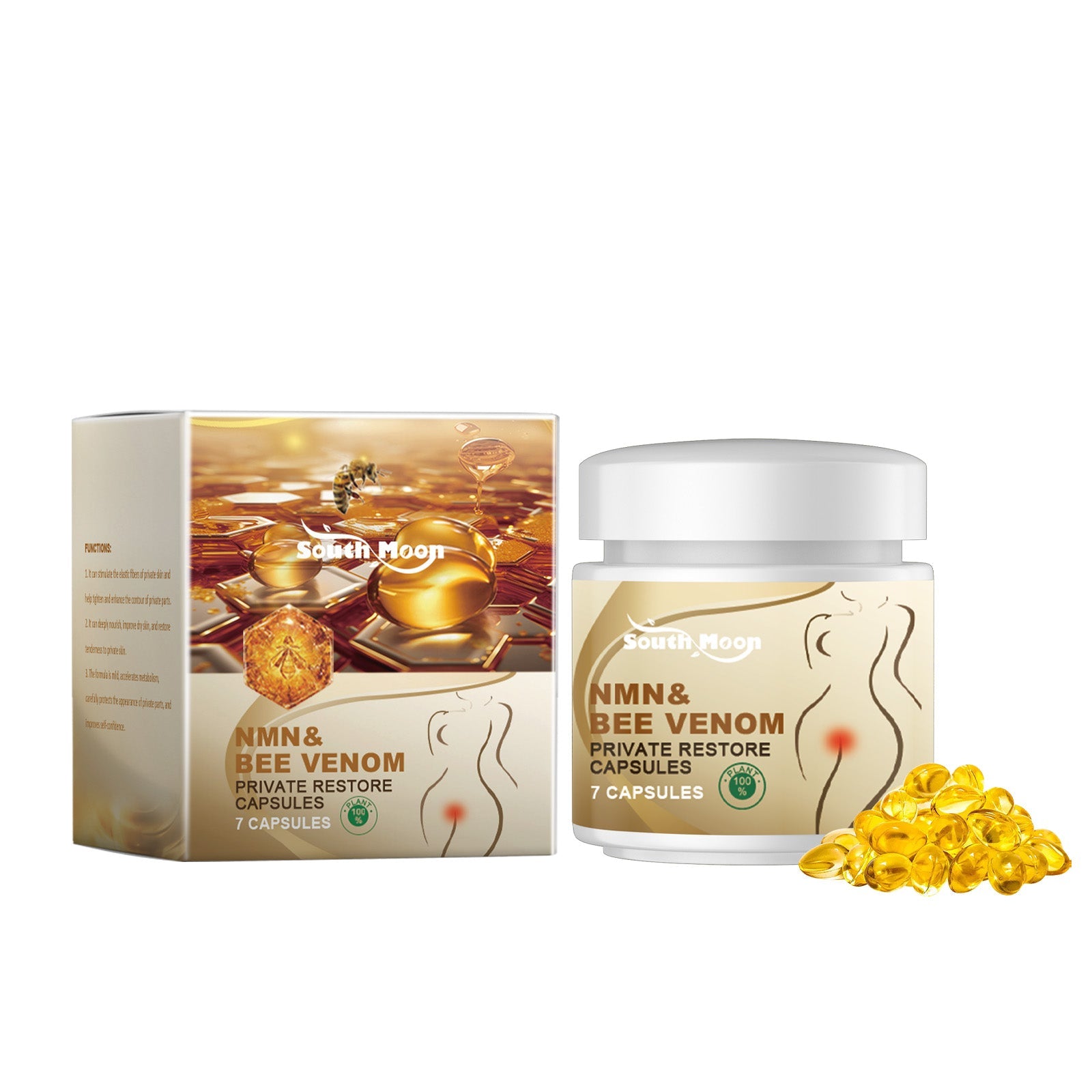 Product flat lay showing cardboard box packaging, white jar with 7 amber capsules spilled beside it against white background