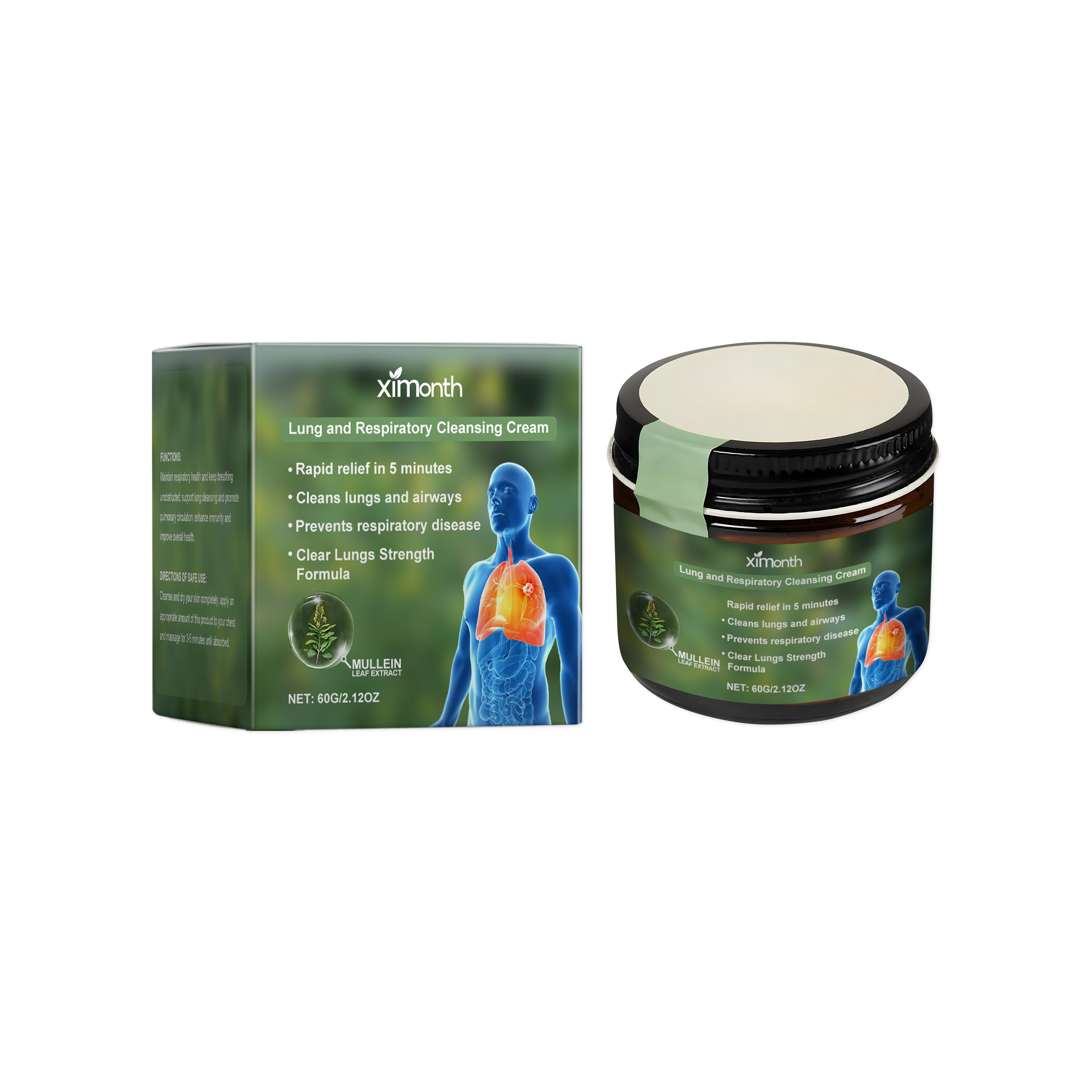 Product packaging and jar displayed side-by-side showing Ximonth Lung and Respiratory Cleansing Cream with clinical respiratory graphics