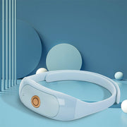 Product on blue minimal stage with geometric backdrop and decorative spheres